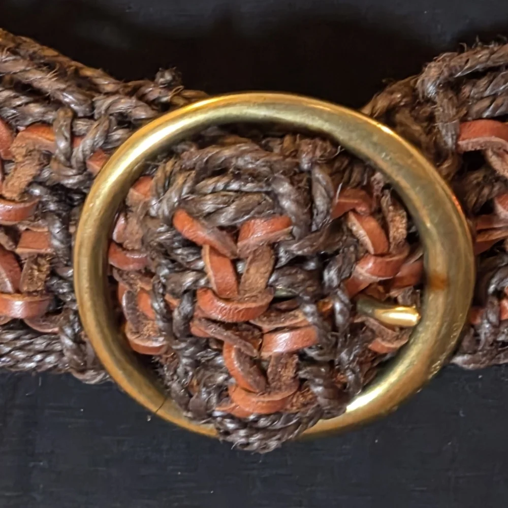 Vintage Woven Brown Macrame and Leather Wide Belt Gold Buckle Fits Up to 32
